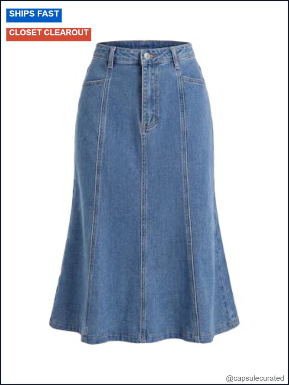 High Waisted Fishtail Hem Denim Midi Skirt